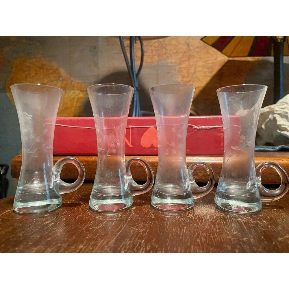 Set of 4 Vtg Mundgeblasen Kristallglas Etched Cordial Shot Glasses w/ Handles 4.